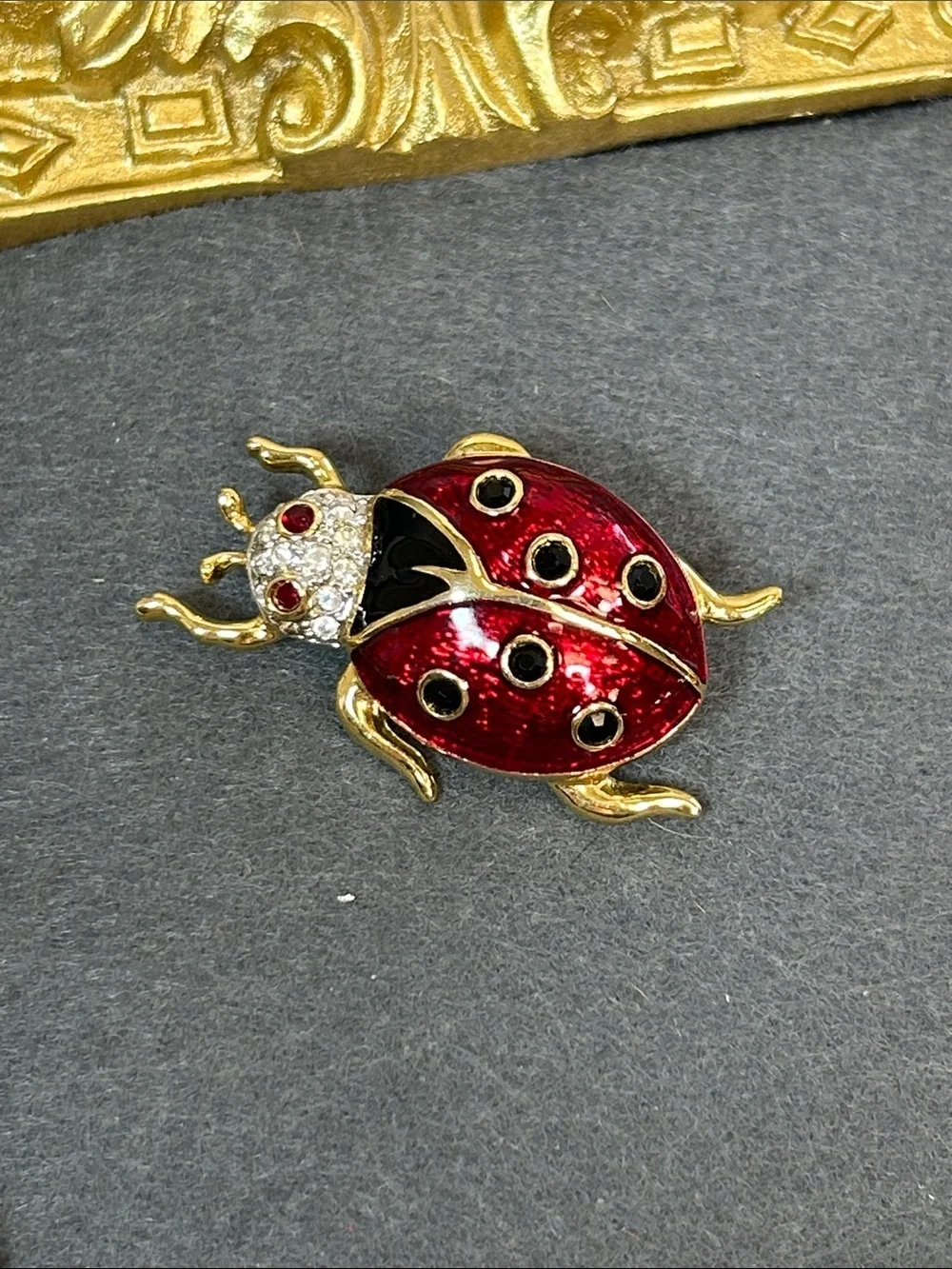 Red Enamel & Crystal Ladybug Pin Brooch